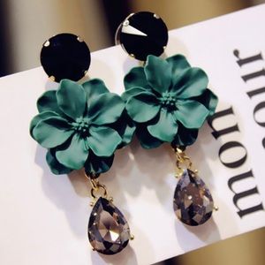 Green and black flower and rhinestone statement hanging earrings